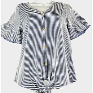 Gyft S Blue White Striped‎ Blouse Flutter Sleeve Tie Front Preppy Cruise Casual